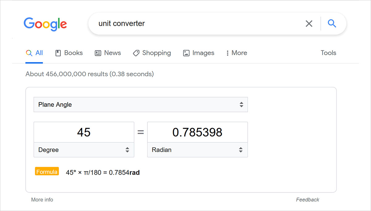 Google Unit Converter screen capture of plane angle conversion from 45 Degrees to 0.785398 Radian.